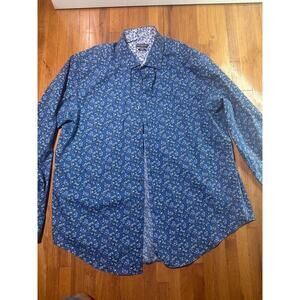Van Heeusen Mens 2 XL Dress Shirt Blue Floral Print Long Sleeve Button Down